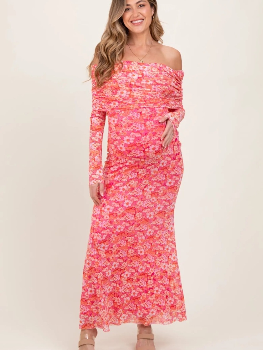 Pink Floral Mesh Off Shoulder Long Sleeve Maternity Maxi Dress